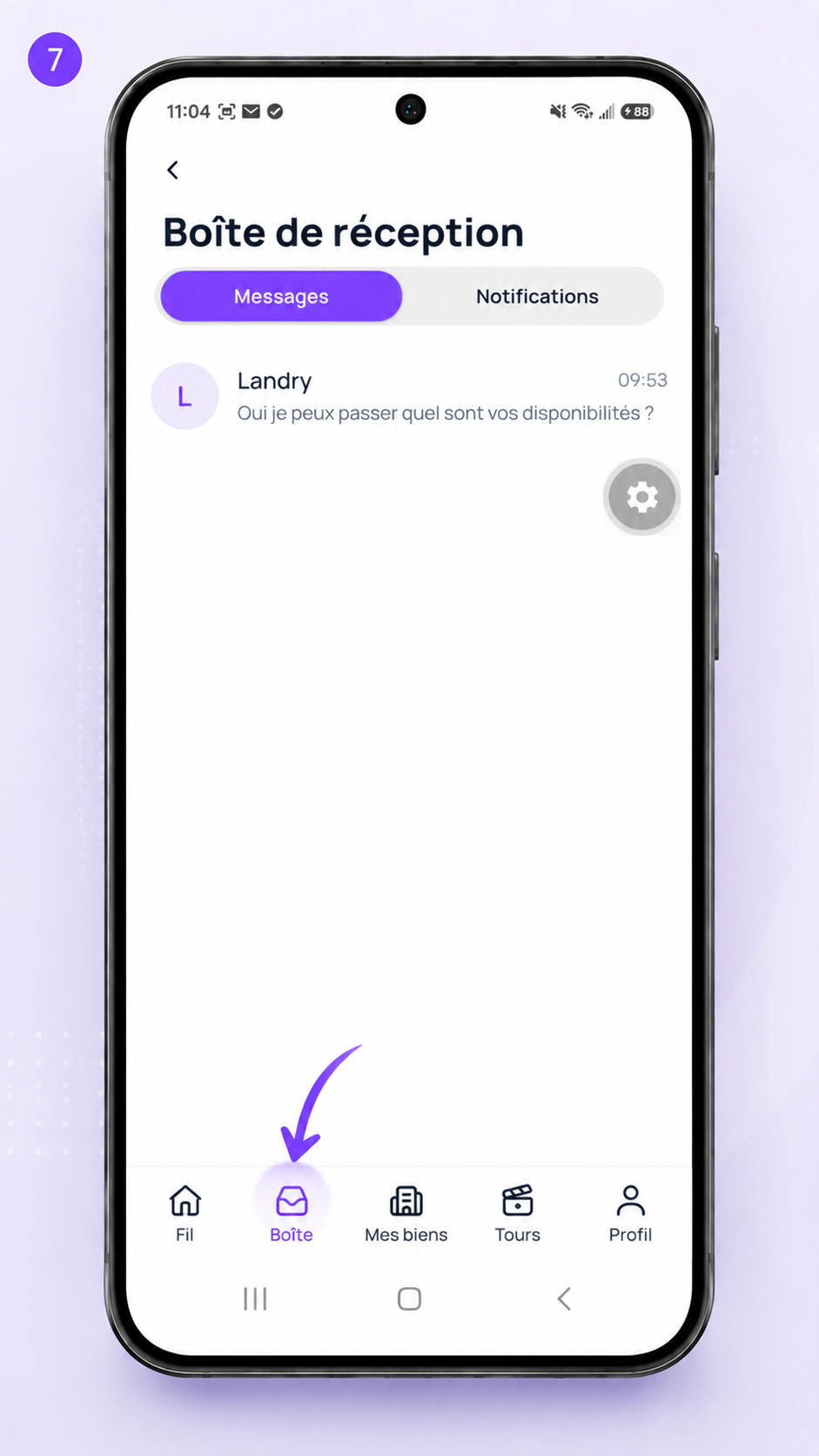 La boîte de réception, avec les messages et notifications des prospects